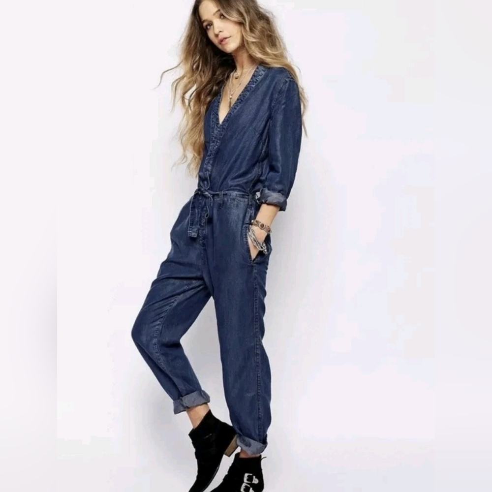Free People Lou Chambray Denim Blue Jumpsuit Size 2